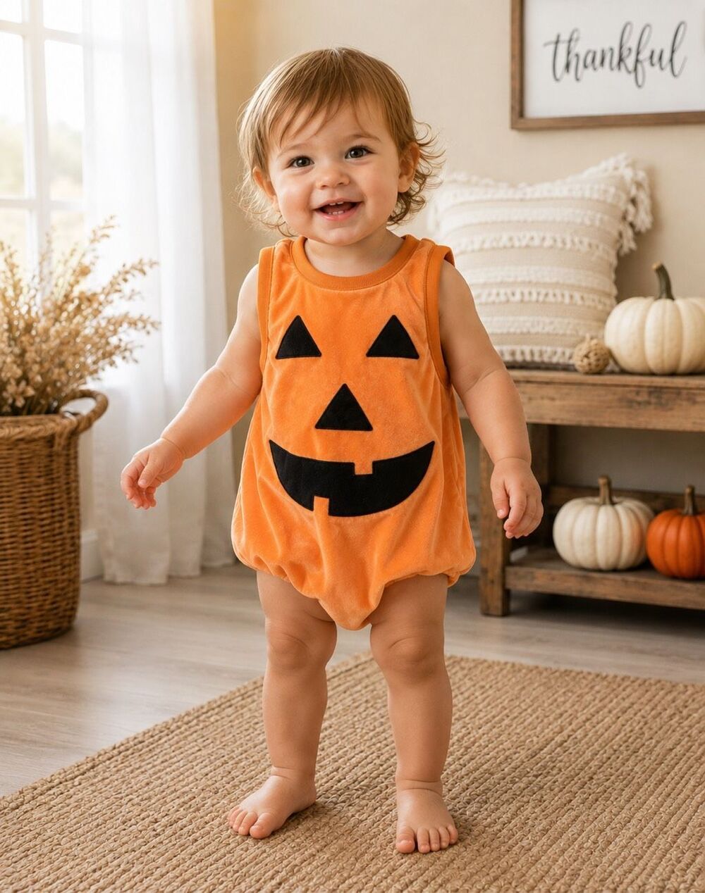 Orange Jack-O-Lantern Pumpkin  Halloween Costume Jumpsuit 12-18 Mo unisex
